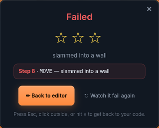 Run overlay showing 'Failed — ran out of commands'