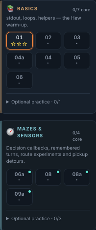 Basics and Mazes & Sensors chapters with optional practice collapsed